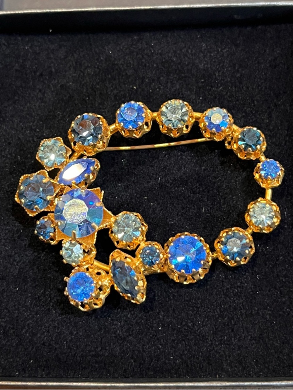 Vintage Austrian Blue Aurora Borealis Crystal Brooch